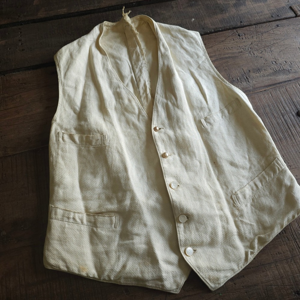 Antique 1800s Mens Waistcoat Vest Victorian Cream Four Pocket Cinch Back 1900s